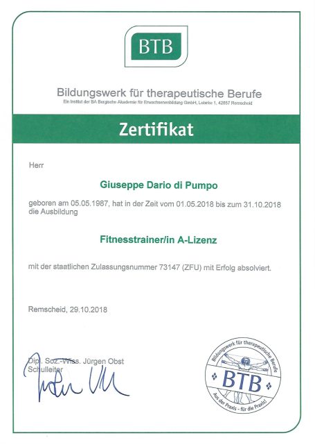 BTB-Zertifikat Dario Fitness-Trainer A-Lizenz