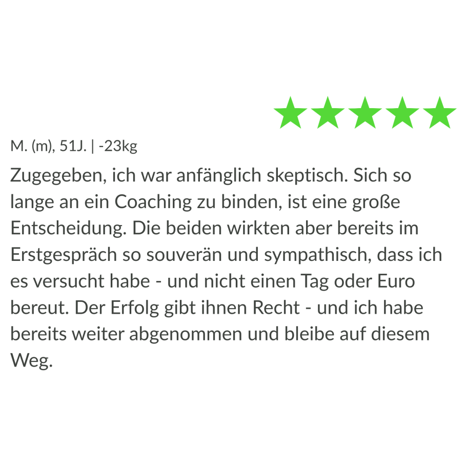 Kundenbewertung mit fünf Sternen und positiver Rückmeldung zu Coaching-Erfahrungen.