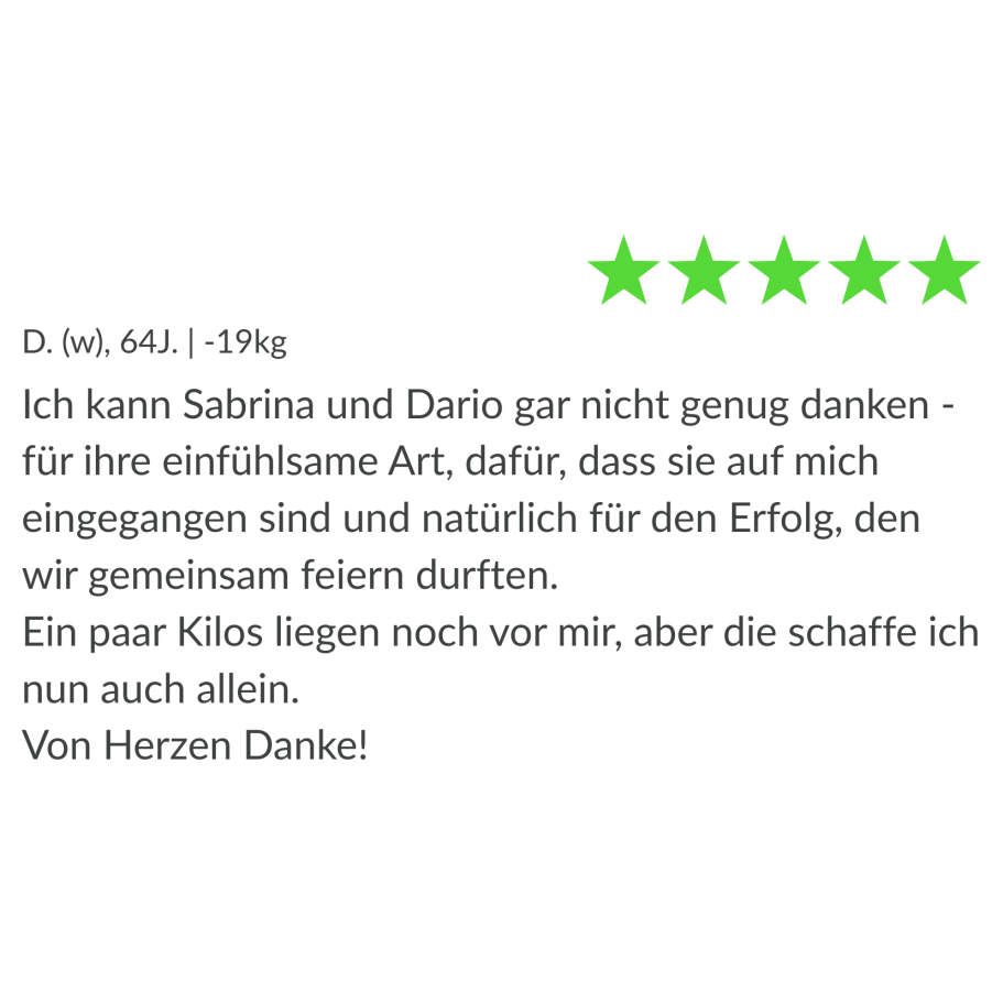 Bewertung für Sabrina und Dario: Dank für Unterstützung und Erfolg.