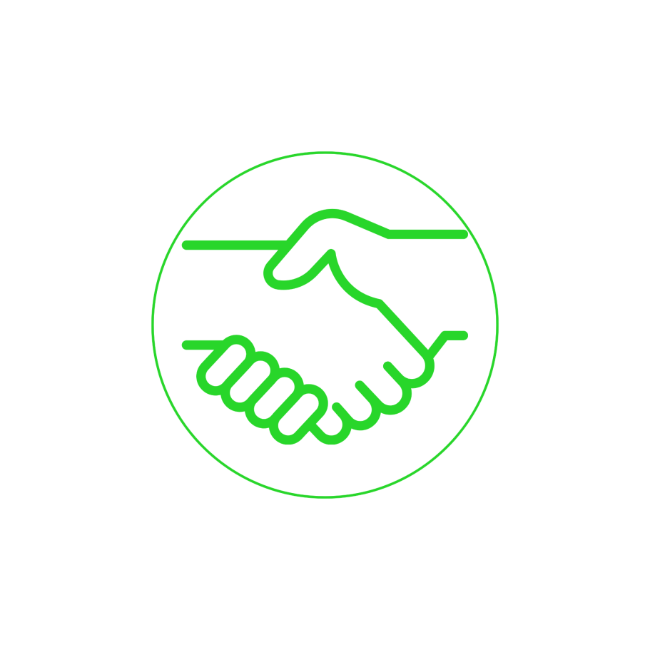 Zwei Hände schütteln sich in einem grünen, runden Symbol.