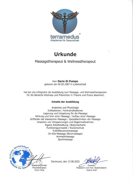 Terramedus-Urkunde Dario Massagetherapeut und Wellnesstherapeut