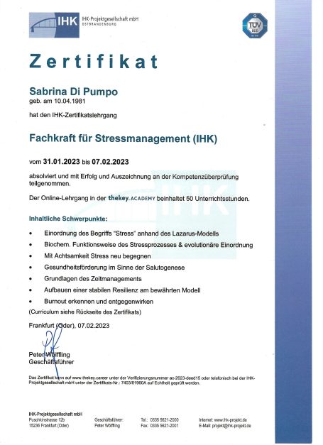 IHK-Zertifikat Sabrina Fachkraft für Stressmanagement